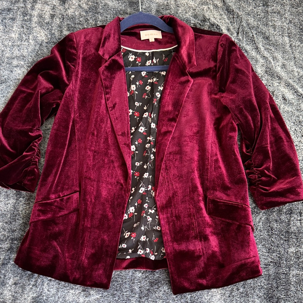 Skies Are Blue Velvet Blazer in Deep Burgundy - Picture 2 of 3